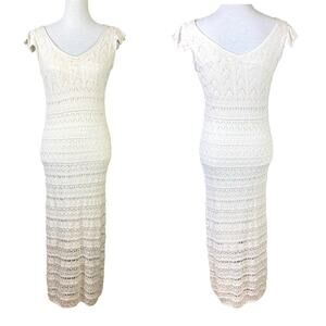 Freshman 1996 Ivory White Crochet Overlay Ruffle Cap Sleeves Fitted Maxi Dress